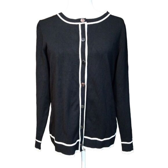 1 2 3 Paris Long Sleeves Snap Closure Black with White Trim Cardigan Size L - Picture 1 of 9